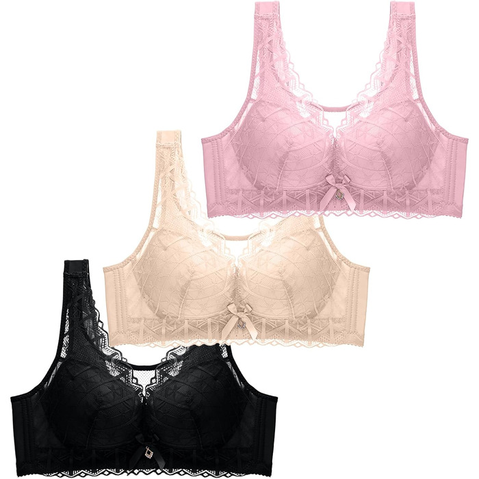 3 шт. комплект класичних мереживних спортивних бюстгальтерів CSKJ для жінок: Push Up, без кісточок, м'який, зручний для йоги, тренувань та сну