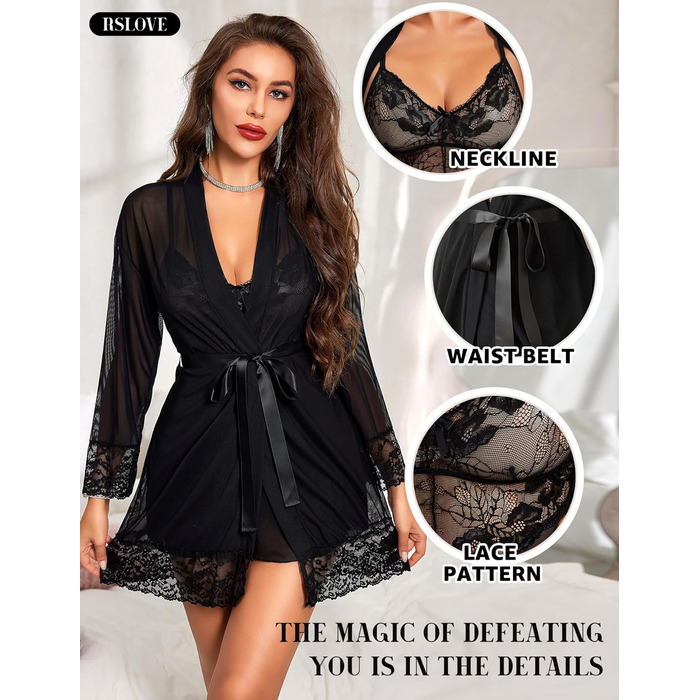 Комплект спідньої білизни RSLOVE: мереживний кімоно, бюстгальтер та труси (3 частини), чорний