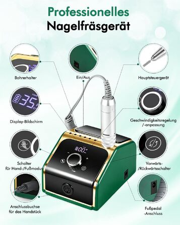 Професійний електричний апарат для манікюру та педикюру CozyZen 35 000 об/хв з LCD-дисплеєм, ручною та ножною педалями, для акрильнИх, гелевих та натуральних нігтів (Зелений)