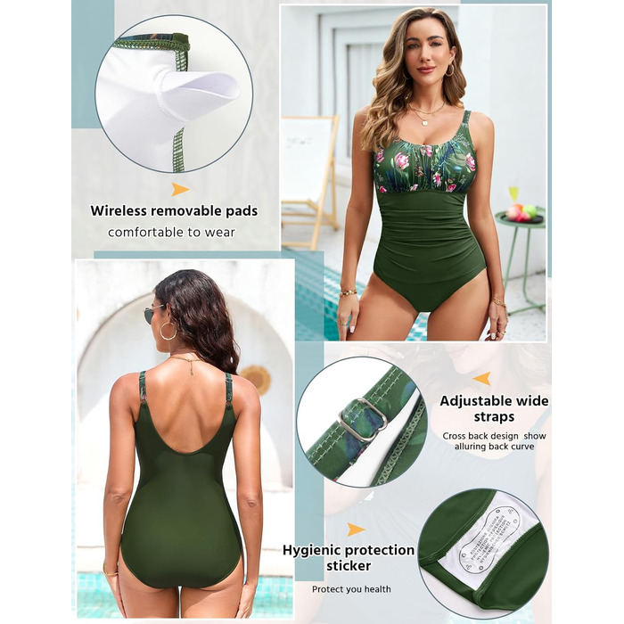 Купальник Vancavoo з пуш-ап та підтримкою живота, одноцільний, відкритий, з рюшами, пляжний, XXL, зелений з принтом