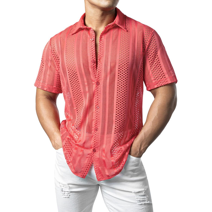 Чоловіча сорочка JOGA з мереживом, короткий рукав, для відпочинку, колір кораловий (XXL)
