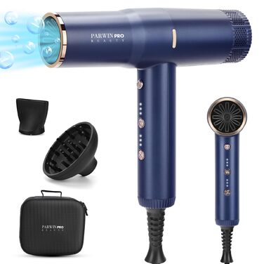 Професійний іонний фен для волосся PARWIN PRO BEAUTY: безщітковий мотор 110,000 RPM, магнітний дифузор, LCD-дисплей, низький рівень шуму, для дому та салонів (Rose Blue)