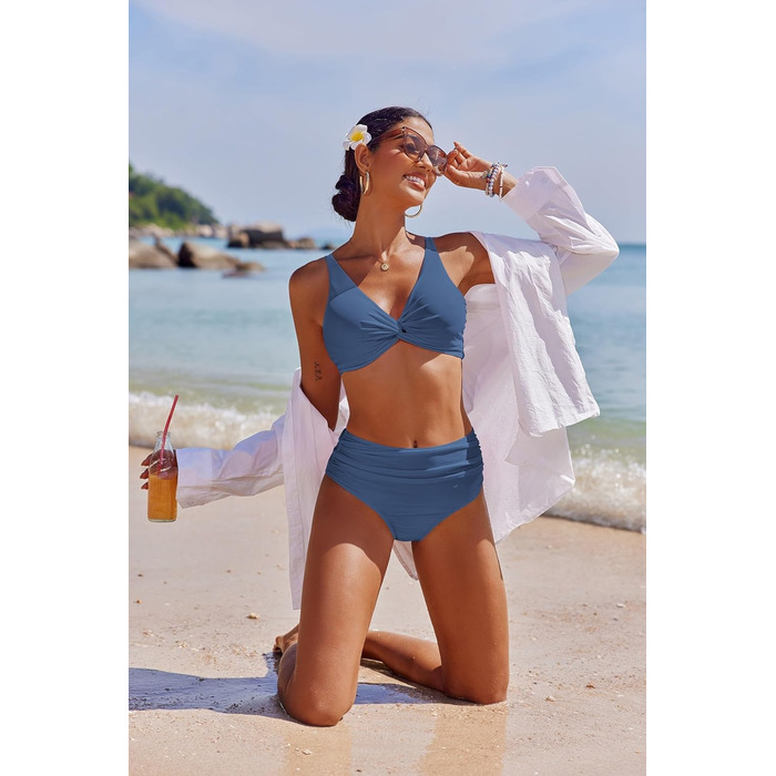 Бікіні Ekouaer для жінок: комплект з високою талією, push-up, двокомпонентний купальник (темно-синій, L)