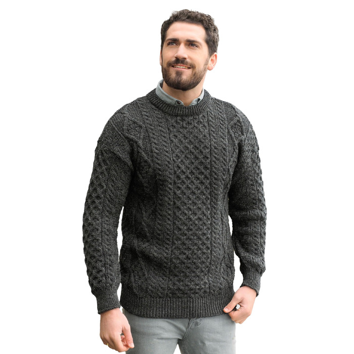 Свитер Aran Crafts з ірландської чистої шерсті з плетеним візерунком (коси), круглий виріз, XL, колір антрацит