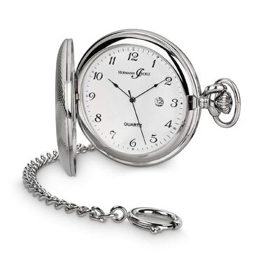 Чоловічий кишеньковий годинник Hermann Jäckle Tübingen Quartz сріблястий, 50 мм, з календарем та ланцюжком