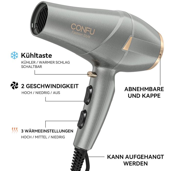 Професійний фен для волосся CONFU 2300W з іонною технологією, дифузором та вузьким соплом, AC-мотор, 2 швидкості, 3 температурні режими та холодний обдув, 220V (Сірий)