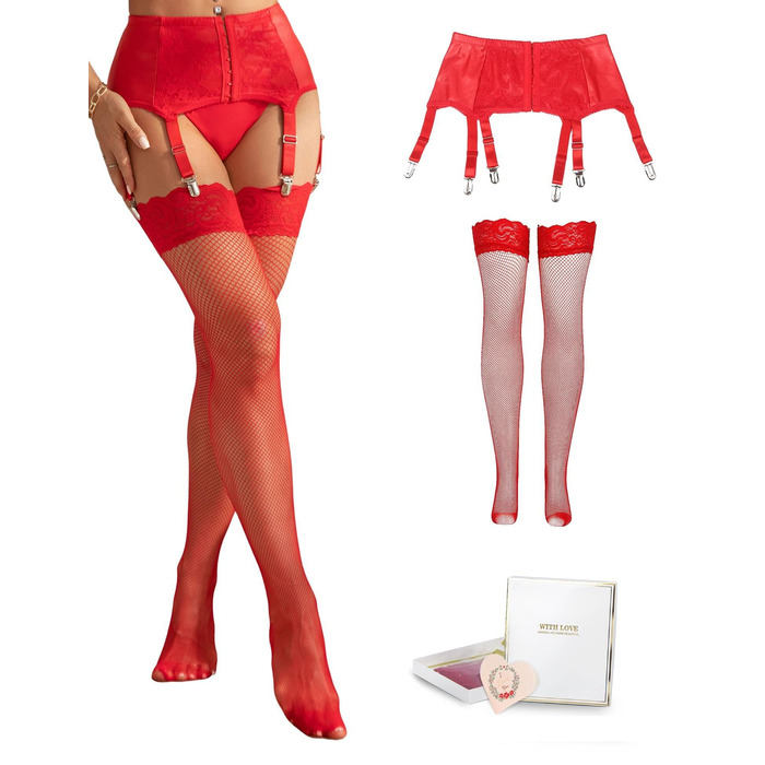 Комплект стрінги та стрінг-гуртки для жінок ComeOnDear: мереживні стрінги з 6 кліпсами, великі розміри, червоний (M)