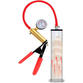 Ручна вакуумна помпа для збільшення пеніса з манометром та металевою ручкою - для ерекції та тренування витривалості, прозора помпа для чоловіків, секс-іграшка (23 * 6.4 см)