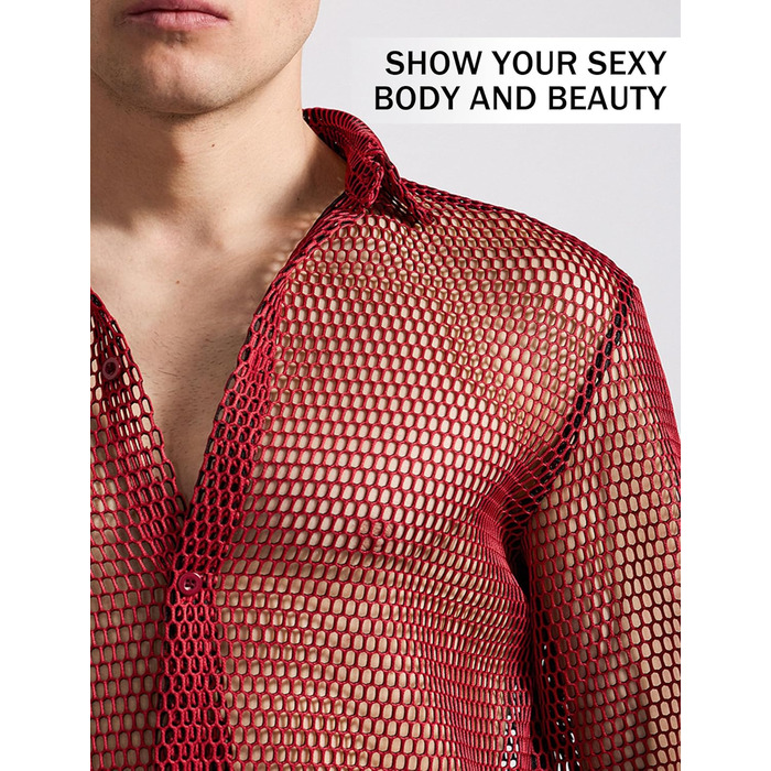Чоловіча сітчаста сорочка AIEOE: прозора сорочка-сітка для вечірки, червона (XXL)