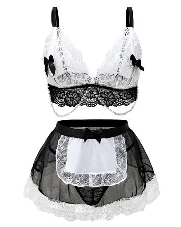 Жіноча спідня білизна з мереживом, сукня-бабочка, костюм, мила сукня, перлове намисто, подарунок на День святого Валентина (Чорний, XL)