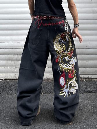 Чоловічі джинси Baggy з вишивкою, широкі штани денім (XXL, чорні, A50)