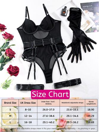 EVELIFE Комплект жіночої білизни: мереживний боді, стрінги та рукавички. Чорний, розмір 36