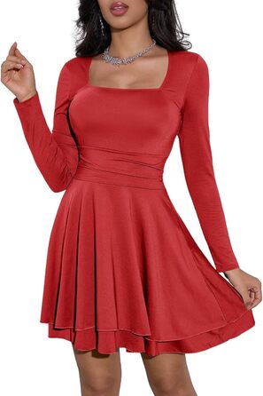 Cicy Bell: Червоне міні-плаття з квадратним вирізом та рюшами, облягаюче, для вечірок (L)
