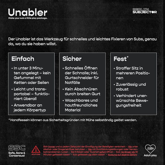 Subjector® Unabler: Набір для БДСМ-ігор для пар, німецька якість. Феттери, наручники, для жінок та чоловіків. Ідеально для початківців та досвідчених користувачів.