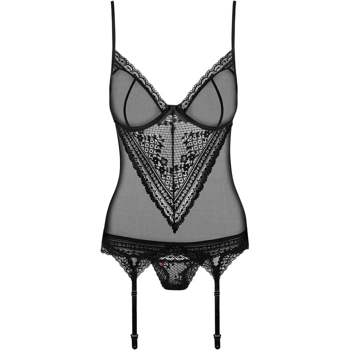 Сексуальний комплект спідньої білизни Obsessive: стрінги та бюстгальтер без бретелек з глибоким вирізом, червоний, мереживний, прозорий, з бантиками (L-XL, чорний)