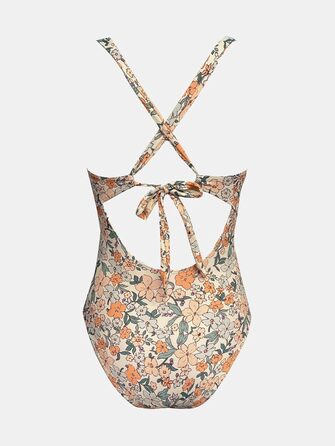 Купальник CUPSHE з V-подібним вирізом, корегуючими складками та глибоким вирізом на спині, суцільний, бежевий з квітковим принтом