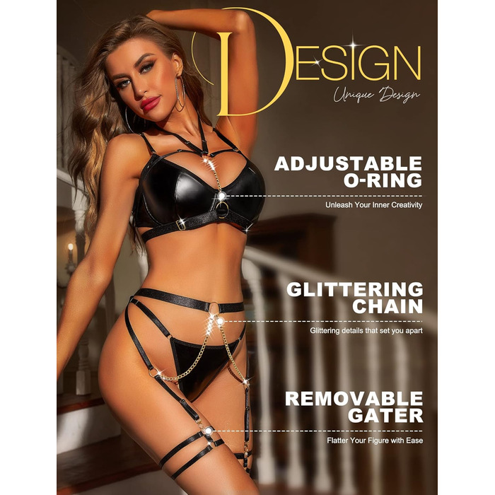 Жіночий комплект спідньої білизни RSLOVE з бретельками - Сексуальна білизна бюстгальтер та труси, 6 предметів, чорний колір