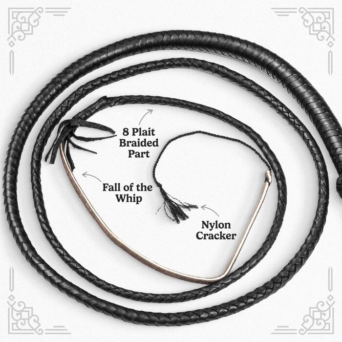 Бич у стилі Індіани Джонса, справжня шкіра, чорний, 0,9 м, 1,2 м, 1,8 м та 2,4 м – для кінного спорту