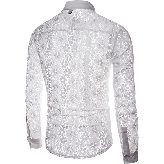 Чоловіча сорочка HanzhuoLG з вирізами, прозора мереживна сорочка з відкладним коміром, довгі рукави, чорна, XL