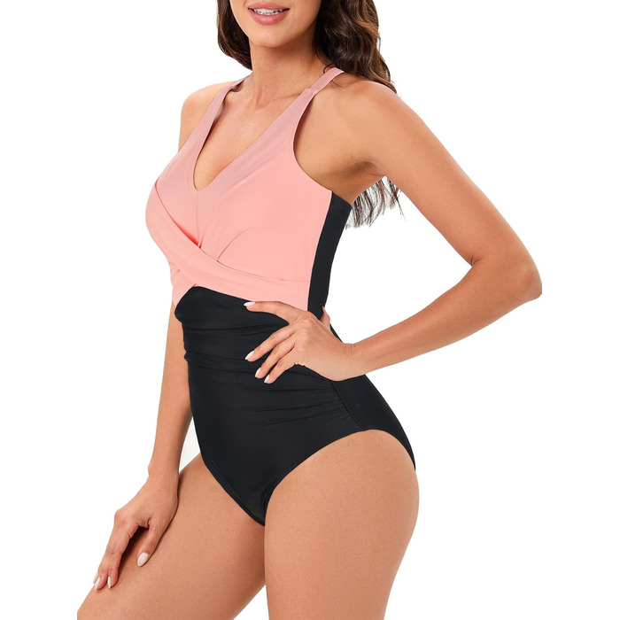 Спортивний купальник для жінок, суцільний, з Push-Up, для корекції живота, рожево-чорний (44)