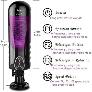 Мастурбатор з підігрівом для чоловіків, 10 режимів ротації та 10 телескопічних режимів