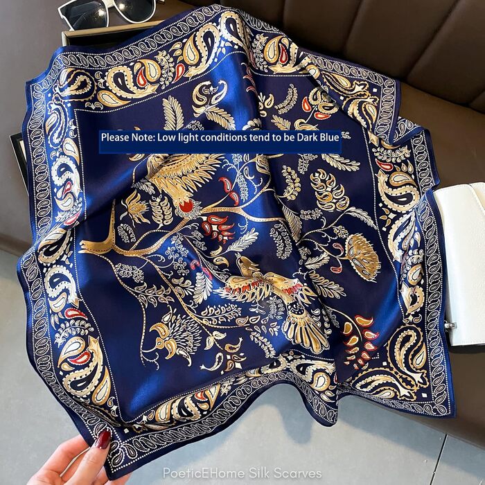 Шовкова хустка для жінок PoeticEHome з 100% шовку малбери, 66 x 66 см, темно-синя з принтом «Близнюки-пташки»