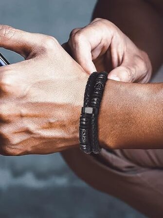 Чоловічий шкіряний браслет Bandmax плетений з магнітною застібкою, чорний, стиль Вікінг, довжина 21 см