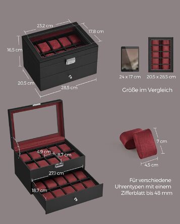 Бокс для годинників SONGMICS з замком та скляною кришкою, органайзер на 20 поділок, шкіряний PU-корпус (чорний, сіра оксамитна підкладка) JWB024