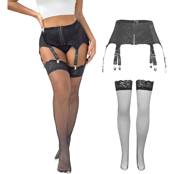 Чорні мереживні панчохи з широким поясом та шорстками на плечах, розмір XS-S