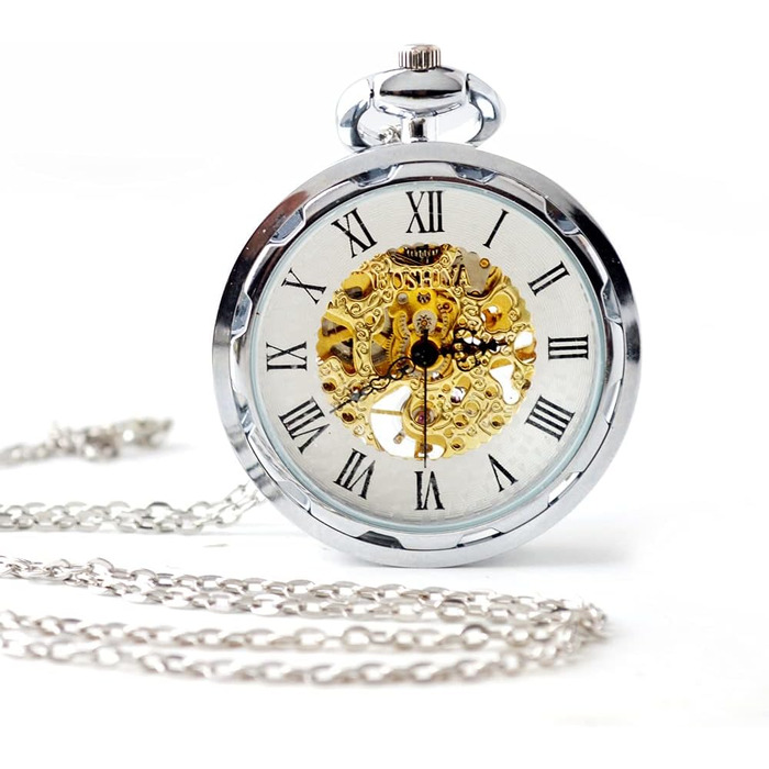 Чоловічий кишеньковий механічний годинник BOSHIYA Vintage Steampunk: скелетон, ручний завод, з підсвіткою та ланцюжком (Сріблястий)
