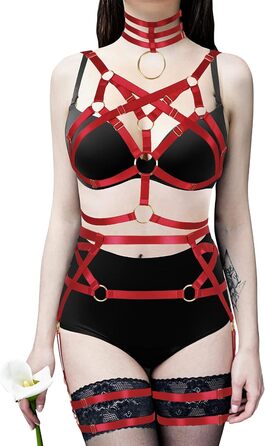 Жіночий корсет-накидка з ремінцями Банссгот. Набір сексуальної білизни в готичному стилі, червоний колір. Регульований розмір, стрінги, готичний раве-стиль