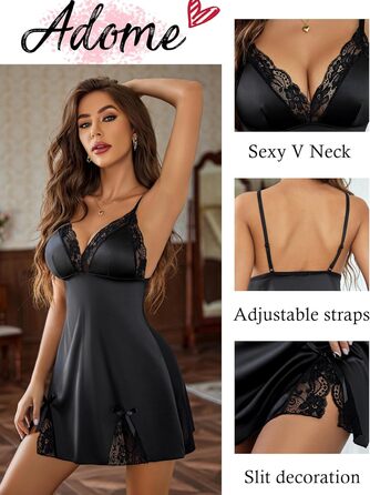 Жіноча нічна сорочка ADOME з мереживом, сатином та шортами Babydoll, чорна