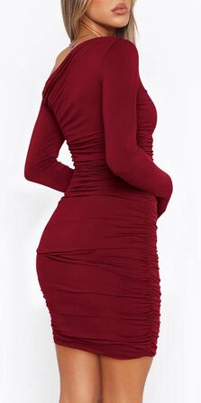 Жіноче облягаюче плаття ELFIN з трикотажної тканини, довгим рукавом, міні, на бретельці, з драпіруванням, для вечірок, клубів, повсякденного носіння (Бордовий, XL)