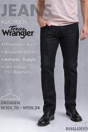 Чоловічі джинси Wrangler Texas Regular Fit Stretch — прямі денімові штани з бавовни, Black Overdye (чорний)
