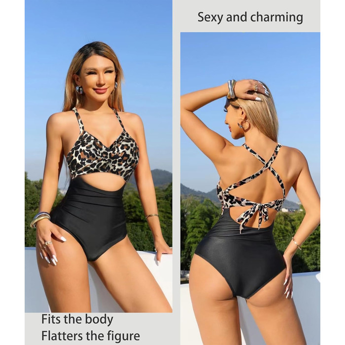 Купальник жіночий спортивний Plus Size, Push-up, з леопардовим принтом, чорний, розмір XL