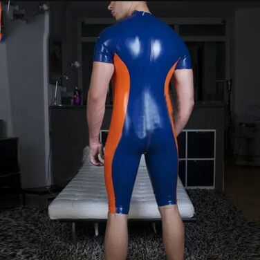 Латексний комбінезон YZPNBW для чоловіків: сексуальний catsuit з короткими рукавами та шортами, блакитний та помаранчевий