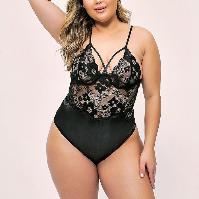 Бодір-костюми UIVHLW: прозорий чорний мереживний комплект з V-подібним вирізом, вирізаний крій, великі розміри (XXL)