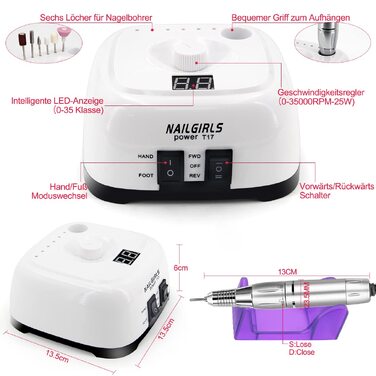 Електричний апарат для манікюру та педикюру NAILGIRLS 11 в 1, 35000 об/хв, з LCD-дисплеєм та педаллю, професійний набір для нарощених нігтів та гель-лаку (Білий)