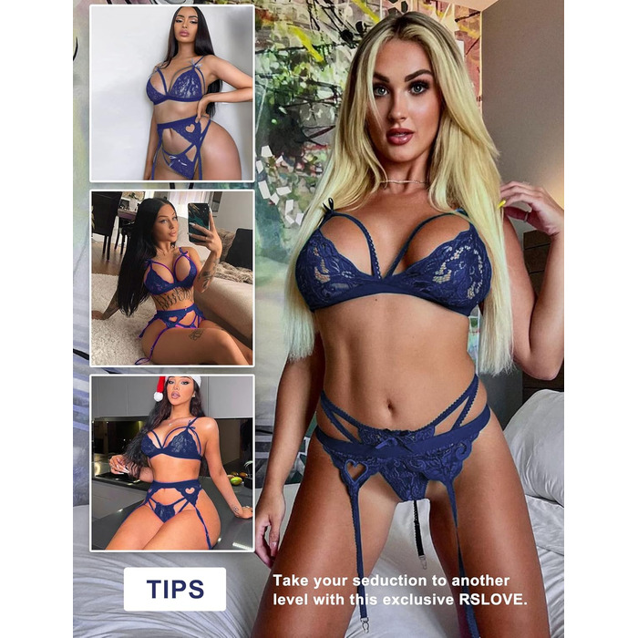 RSLOVE Комплект спідньої білизни для жінок: мереживний тіффані, боді, стринги - темно-синій