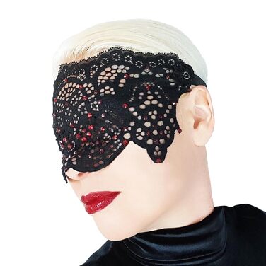 Чорна мереживна маска для жінок з чорними стразами, елегантна маска на половину обличчя, маска для маскараду та карнавалу, мереживна маска для вечірки з гумкою (Чорний (червоні стрази))