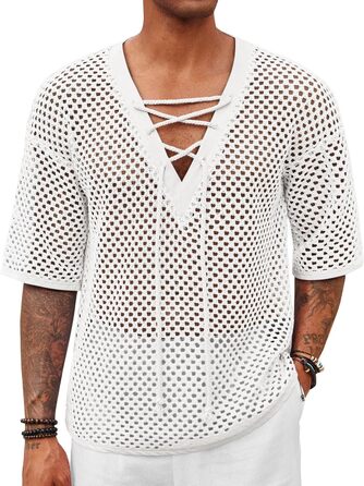Чоловіча пляжна сорочка Runcati з шнурівкою, V-подібний виріз, в'язана, мереживна, прозора, літня сорочка (Білий/Розкішний сад, M)