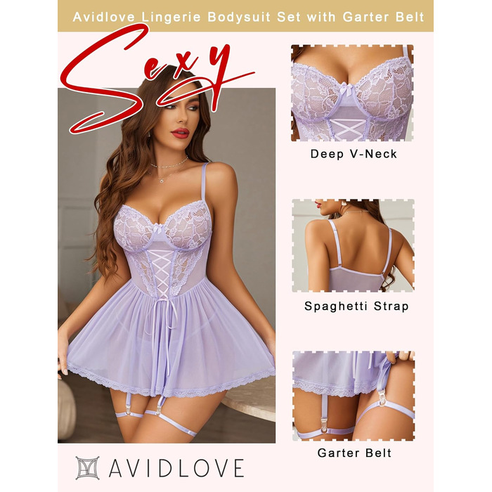 Babydoll Avidlove Deou для жінок: мереживна піжама, нічна сорочка, бодоір, чорний колір (L, фіолетовий)