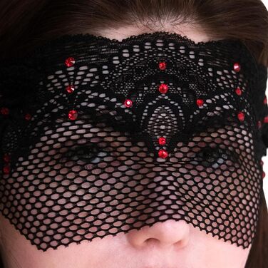 Чорна мереживна півмаска для жінок з червоними стразами – венеціанська маска для маскараду, карнавалу, весілля, вечірки, косплею, бурлеску та Марді Гра (Чорний (червоні стрази))
