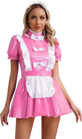 Костюм покоївки Alvivi з ефектом мокрого блиску, міні-сукня з екошкіри, готичний стиль, для карнавалу, Хелловіну, вечірки (4XL, B Рожевий A)