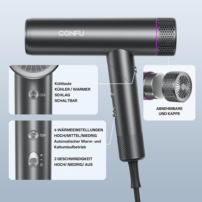 Професійний іонний фен для волосся CONFU 1700W, складаний фен з магнітним дифузором та styling-насадкою, низький рівень шуму, темно-сірий
