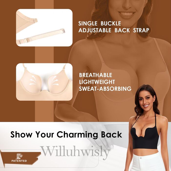 Жіночий бюстгальтер Willuhwisly без спинки, з регульованими положеннями, глибокий виріз, безшовний, трансформуючий, чорний (85C)