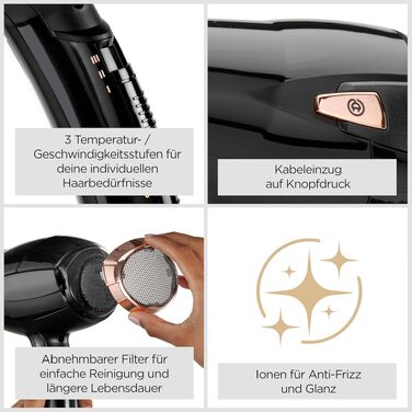 Фен для волосся BaByliss Cordkeeper D373E з автоматичним змотуванням кабелю, 2000Вт, іонізація Anti-Frizz, 3 температурних та 2 режиму швидкості, чорний