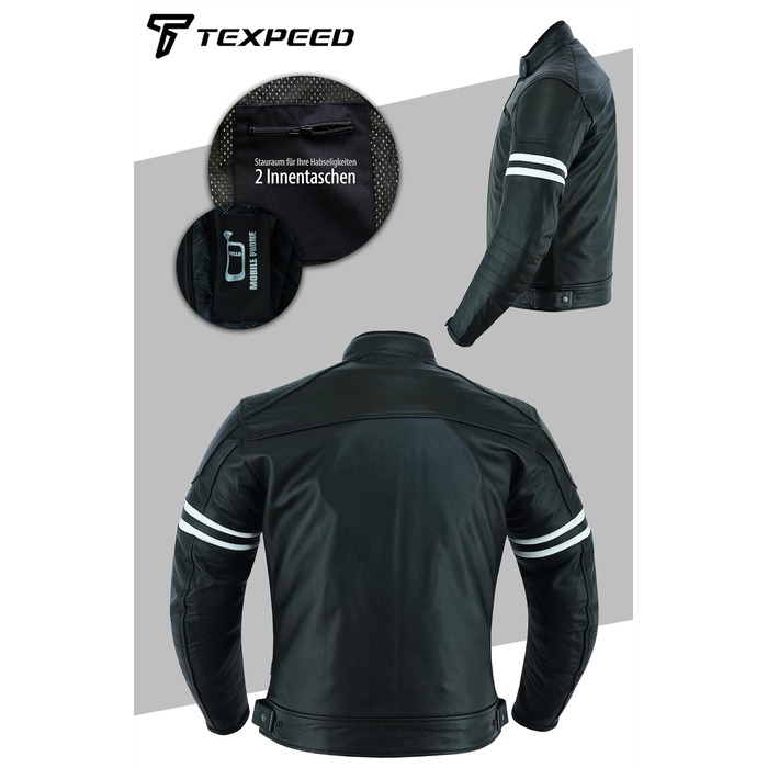 Чоловіча шкіряна мотокуртка Texpeed Cafe Racer з захисними вставками, чорна, розмір XL