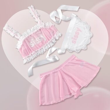 Комплект жіночої/чоловічої нижньої білизни LittleForBig з прозорого мережива: бра, труси, спідниця знімною зав'язкою (M, Рожевий)