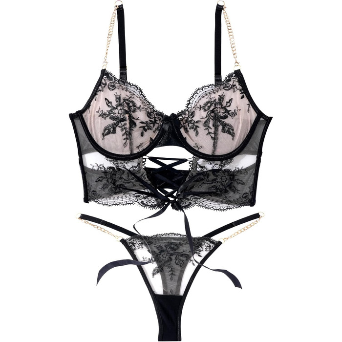 FEOYA Комплект бюстгальтера та трусиків push-up з мереживом та вишивкою, чорний, XL